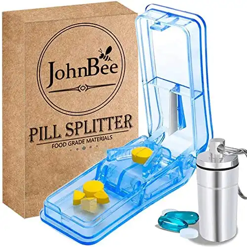 JohnBee Pill Cutter - Best Pill Cutter for Small or Large Pills - Design in The USA - Cuts Vitamins - Pill Splitter with Shield - Keychain Pill Holder As Bonus
