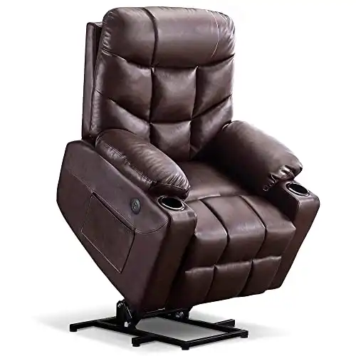Mcombo Electric Power Lift Recliner Chair Sofa for Elderly, 3 Positions, 2 Side Pockets and Cup Holders, USB Ports, Faux Leather 7288 (Dark Brown)