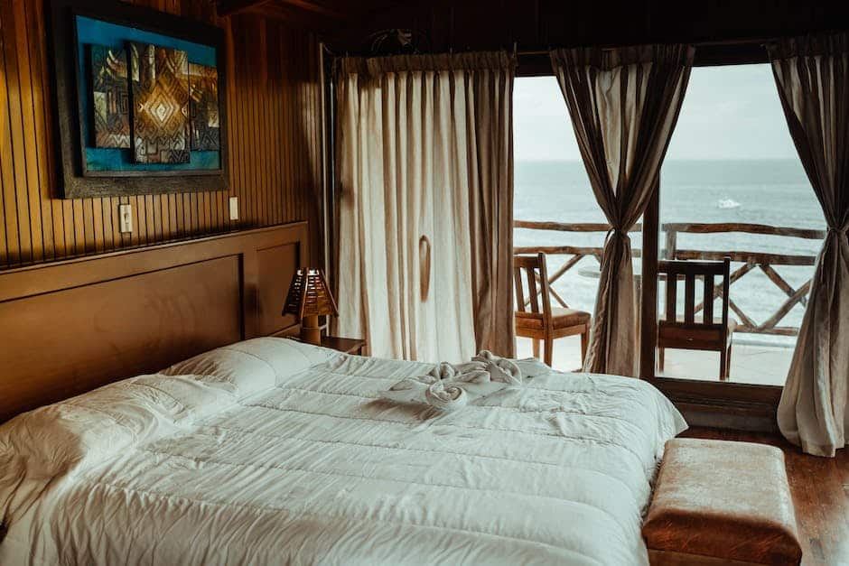 A luxurious hotel room with a comfortable bed, elegant furniture, and a view of the ocean.